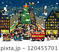 クリスマスの夜に人々でにぎわうまちのかわいいイラスト 120455701