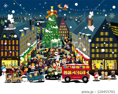 クリスマスの夜に人々でにぎわうまちのかわいいイラスト クリスマスの夜に人々でにぎわうまちのかわいいイラスト 120455701