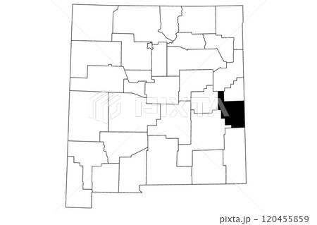 Map of Roosevelt County in New Mexico state on white background. single County map highlighted by black color on New Mexico map. UNITED STATES, US 120455859