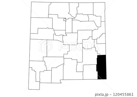 Map of Lea County in New Mexico state on white background. single County map highlighted by black color on New Mexico map. UNITED STATES, US 120455861