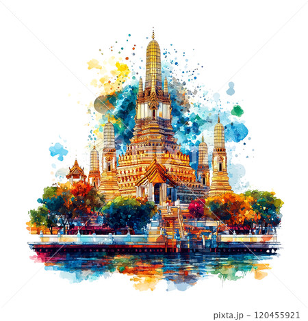 A vibrant and colorful painting of the iconic Wat Arun Temple in Bangkok, Thailand. The image captures the temple's intricate details. against a colorful sky and reflected in the Chao Phraya River. 120455921