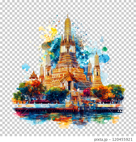 A vibrant and colorful painting of the iconic Wat Arun Temple in Bangkok, Thailand. The image captures the temple's intricate details. against a colorful sky and reflected in the Chao Phraya River. 120455921