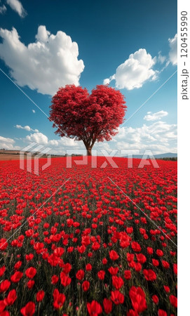 A vibrant heart shaped tree standing tall in a field of red flowers at sunset 120455990