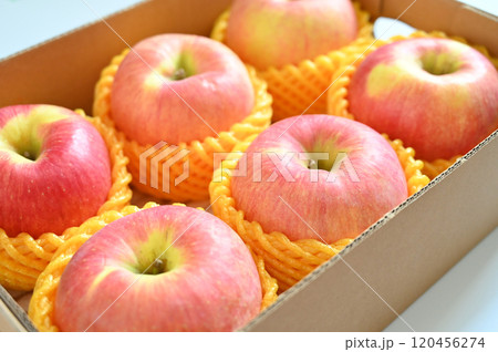 beautiful pink apple in the box on blue background beautiful pink apple in the box on blue background 120456274