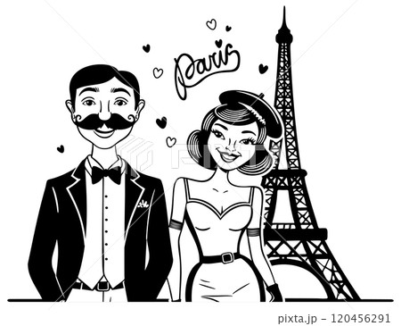 Cute couple walking near Eiffel tower. Vector black and white illustration in retro style. Love in Paris 120456291
