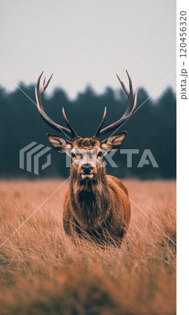 Majestic stag standing tall in a misty meadow during autumn at twilight 120456320