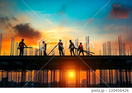 Silhouette of a construction worker working on top of a building at sunset. 120456426