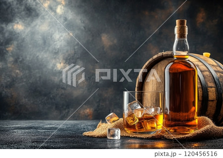 A well crafted whiskey bottle and glass with ice on a wooden barrel in a softly lit room A well crafted whiskey bottle and glass with ice on a wooden barrel in a softly lit room 120456516
