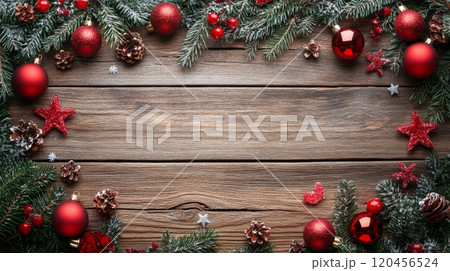 Decorative arrangement of festive elements on wooden surface during winter holiday season 120456524