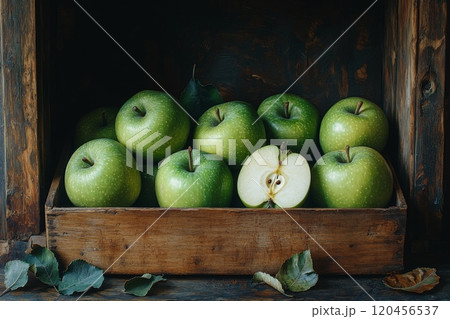 Freshly harvested green apples arranged in a rustic wooden crate with leaves in a dim light Freshly harvested green apples arranged in a rustic wooden crate with leaves in a dim light 120456537