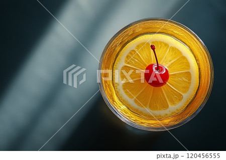 Refreshing beverage with cherries and lemon served over ice in a glass on a dark surface 120456555