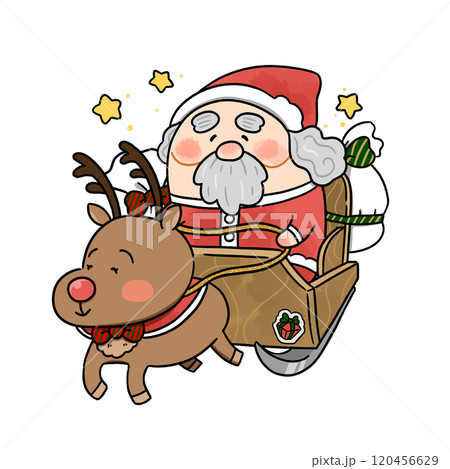 ソリに乗ってプレゼントを配る_サンタさんとトナカイのデフォルメイラスト ソリに乗ってプレゼントを配る_サンタさんとトナカイのデフォルメイラスト 120456629