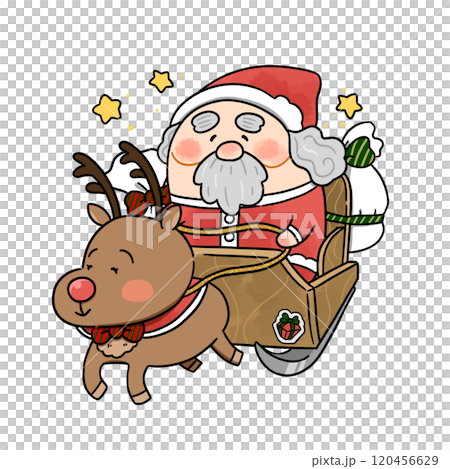 ソリに乗ってプレゼントを配る_サンタさんとトナカイのデフォルメイラスト ソリに乗ってプレゼントを配る_サンタさんとトナカイのデフォルメイラスト 120456629