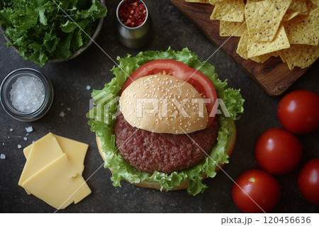 A delicious burger setup with fresh vegetables, cheese, and snacks ready for a tasty meal 120456636