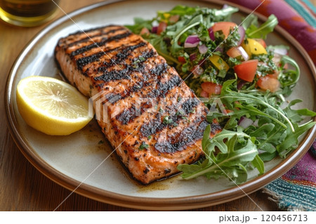 Grilled salmon fillet served with fresh arugula and tomato salad on a rustic wooden table 120456713