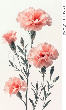 Pink carnations with lush green leaves on a soft background Pink carnations with lush green leaves on a soft background 120456719
