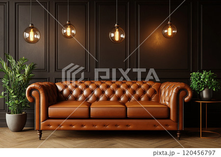 A brown leather sofa in front of dark wall paneling with pendant light. Interior design concept.   120456797