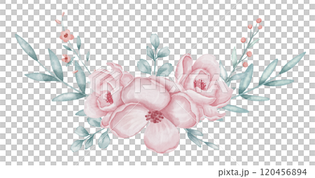 Pink Flowers with green branches watercolor illustration for wedding invitations or baby birthday cards in pastel colors. Floral drawing with pink roses for childish design. Botanical art for template Pink Flowers with green branches watercolor illustration for wedding invitations or baby birthday cards in pastel colors. Floral drawing with pink roses for childish design. Botanical art for template 120456894