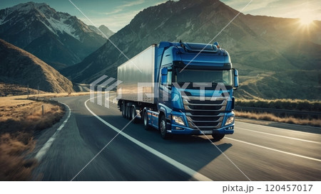 close up image of a european blue semi truck 120457017
