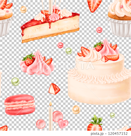 Seamless pattern with berry confectionery. Cake, cheesecake, cupcake, macaroon decorated with juicy strawberries, cream, cream, lollipops. Decorations for parties, holidays. Hand drawing, background 120457152