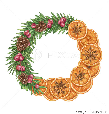 Christmas wreath of oranges, cinnamon, cranberries, cones. Handmade eco Christmas toy, winter organic decor, seasonal handmade garland. Sustainable Xmas, zero waste celebration. Isolated illustration 120457154