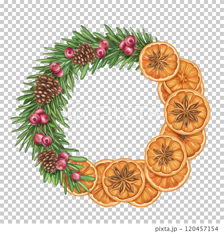 Christmas wreath of oranges, cinnamon, cranberries, cones. Handmade eco Christmas toy, winter organic decor, seasonal handmade garland. Sustainable Xmas, zero waste celebration. Isolated illustration 120457154
