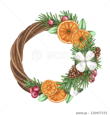 Christmas wreath of oranges, fir tree, cinnamon, cranberries, cone. Sustainable Xmas, zero waste celebration. Eco Christmas toy, winter organic decor, seasonal handmade garland. Isolated illustration 120457155