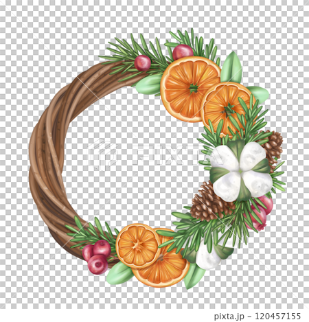 Christmas wreath of oranges, fir tree, cinnamon, cranberries, cone. Sustainable Xmas, zero waste celebration. Eco Christmas toy, winter organic decor, seasonal handmade garland. Isolated illustration 120457155