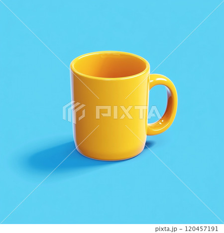 3D icon of a coffee mug floating in the air, yellow in color with a blue background. 3D icon of a coffee mug floating in the air, yellow in color with a blue background. 120457191