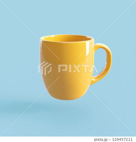 3D icon of a coffee mug floating in the air, yellow in color with a blue background.  3D icon of a coffee mug floating in the air, yellow in color with a blue background.  120457211