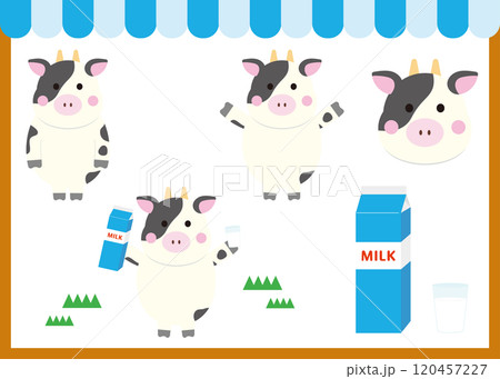 かわいい牛と牛乳のイラストセット 120457227