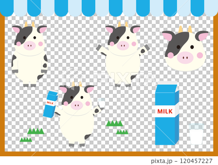かわいい牛と牛乳のイラストセット 120457227