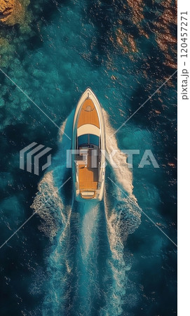 Luxury yacht cruising across vibrant blue ocean waters during a sunny day 120457271
