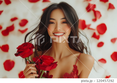 Woman holding red roses surrounded by rose...のイラスト素材 [120457292] - PIXTA