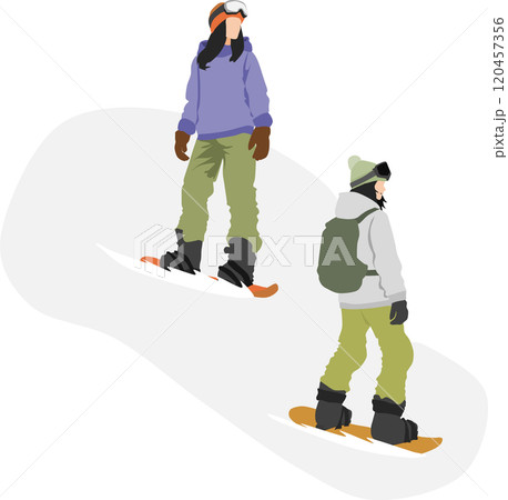 冬の雪山でスノボーする女性のイラスト 120457356