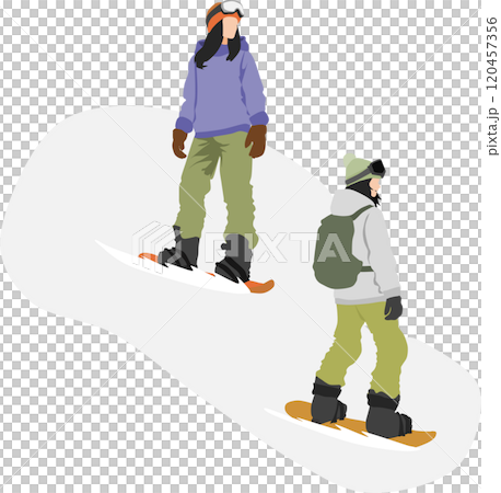 冬の雪山でスノボーする女性のイラスト 120457356