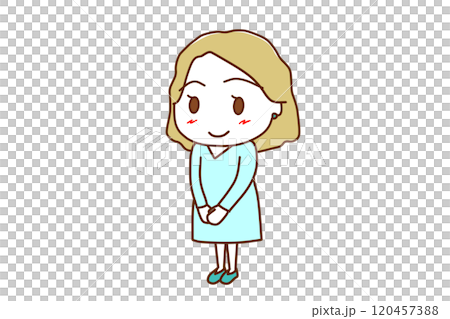 （全身對角線）白人婦女站起來微笑 120457388