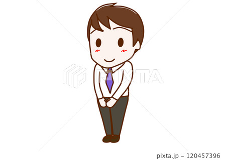 （全身斜め）笑顔で起立してかしこまる男性 120457396