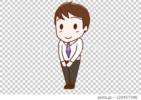 （全身斜め）笑顔で起立してかしこまる男性 120457396