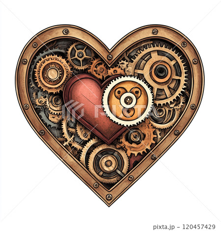 A steampunk-inspired heart with gears and cogs illustration on a white background. A steampunk-inspired heart with gears and cogs illustration on a white background. 120457429