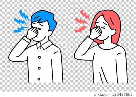 眼精疲労がつらいカジュアルな男女　セット 120457665