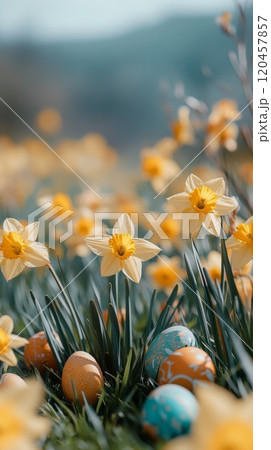 Colorful daffodils blooming in a vibrant garden with decorative eggs during springtime 120457857
