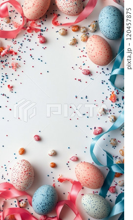 Colorful Easter decorations with eggs, flowers, and ribbons organized for spring celebration Colorful Easter decorations with eggs, flowers, and ribbons organized for spring celebration 120457875