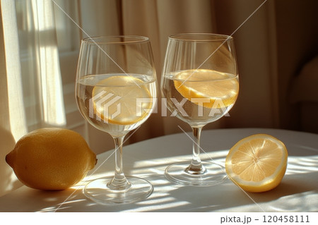 Refreshing lemon slices in clear glasses on a sunlit table during a warm afternoon 120458111