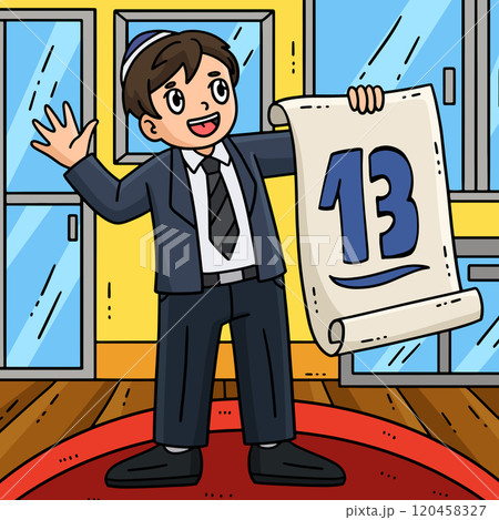 Bar Mitzvah Boy Holding Banner 13 Colored Cartoon Bar Mitzvah Boy Holding Banner 13 Colored Cartoon 120458327