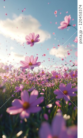 A tranquil spring morning with blooming pink flowers under a clear blue sky 120458374