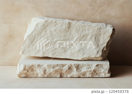 Natural stone slabs display unique textures in a minimalist setting on a light background 120458378