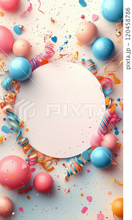 Balloons and confetti frame a blank space for a celebration invitation or greeting card 120458786