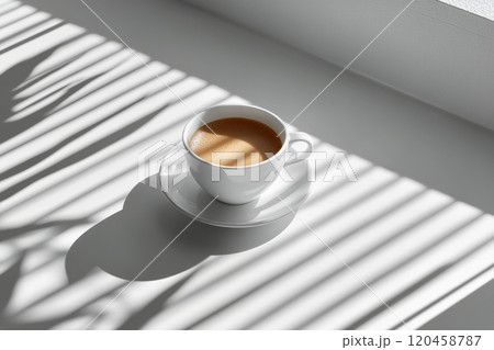A tranquil cup of coffee rests on a white table in sunlight with soft shadows casting around 120458787
