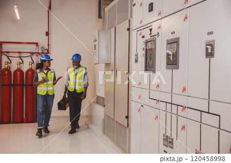 Electrical engineer team are working in control room. Electrical engineer man checking Power Distribution Cabinet in the control room 120458998